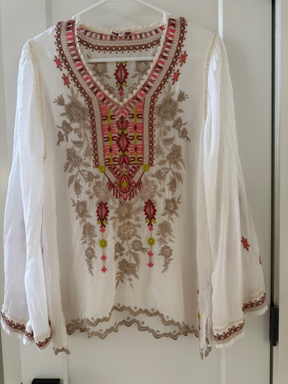 Johnny Was White Embroidered Boho Blouse with Pink & Tan Accents